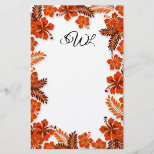 Papeterie Orange Hibiscus Bordure Monogramme Papier blanc