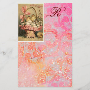 PAPETERIE PANIER ÉLÉGANT, POULET, FLEURS ET OEUFS DE PÂQUES