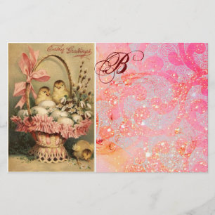 PAPETERIE PANIER ÉLÉGANT, POULET, FLEURS ET OEUFS DE PÂQUES
