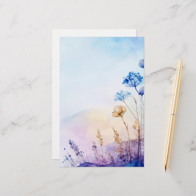 Papeterie Papier à lettres aquarelle florale (Devant/Arrière en situation)