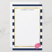 Papeterie Papier à lettres personnalisées Navy Stripe & Pink (Devant / Derrière)