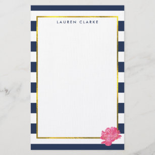 Papeterie Papier à lettres personnalisées Navy Stripe & Pink