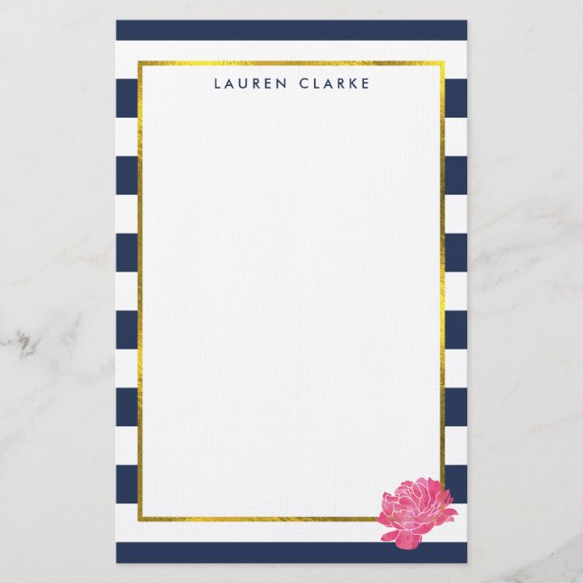 Papeterie Papier à lettres personnalisées Navy Stripe & Pink (Devant)