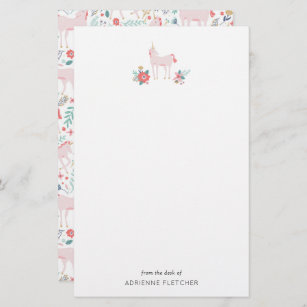 Papeterie Papier à lettres Unicorne rose personnalisé