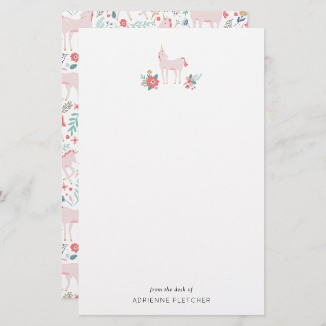 Papeterie Papier à lettres Unicorne rose personnalisé (Devant / Derrière)