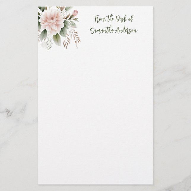 Papeterie Papier personnalisé rose vert floral De la part de (Devant)