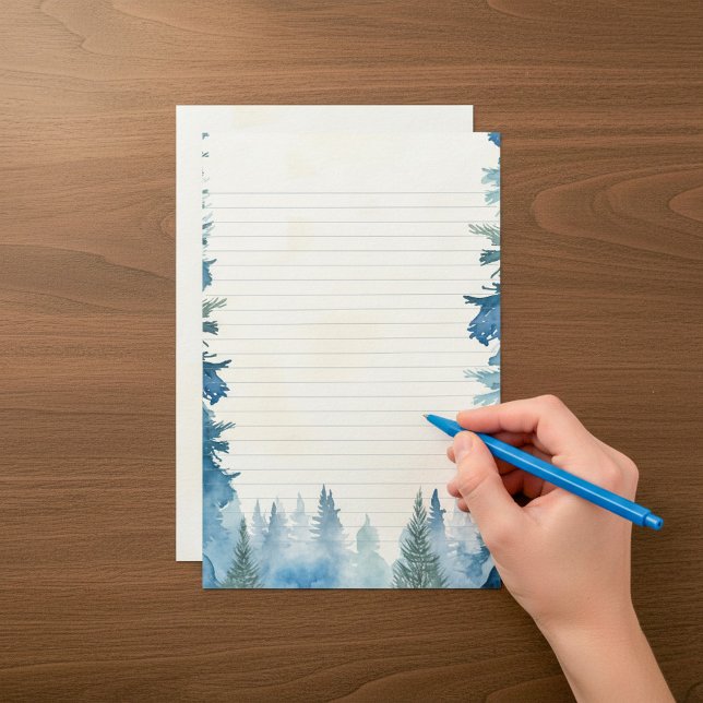 Papeterie Papier recouvert de pins bleus (Blue winter pine trees lined stationery.)