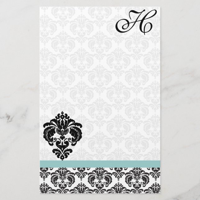 Papeterie Papier Recyclé Aqua Blue Damask Monogram (Devant)