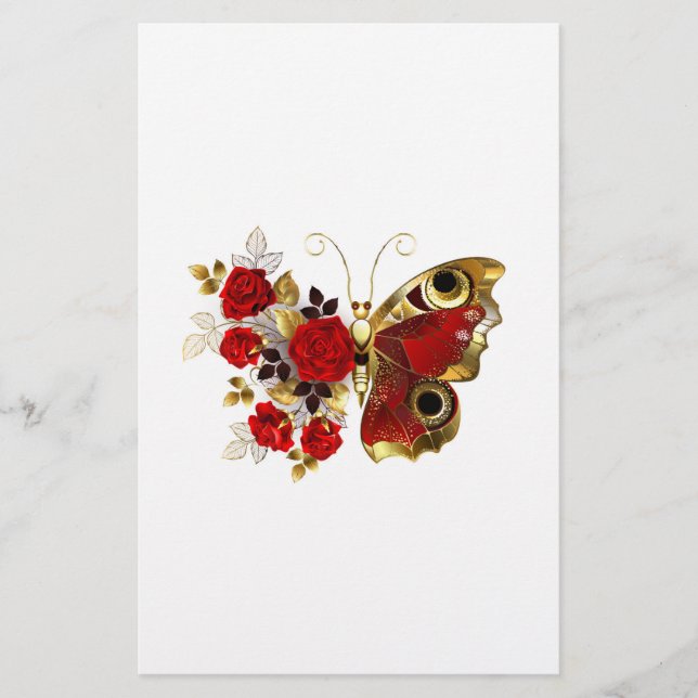Papeterie Papillon de fleurs rouges aux roses rouges (Devant)