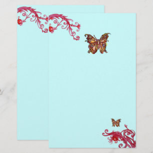 Papeterie PAPILLON D'OR ET BAIES ROUGES Floral Bleu Sarcelle