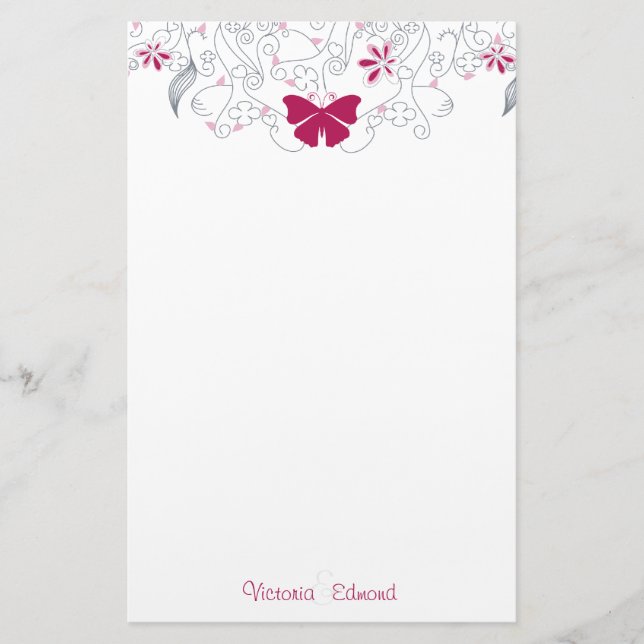 Papeterie Papillon rose foncé Whimsy Stationery personnalisé (Devant)