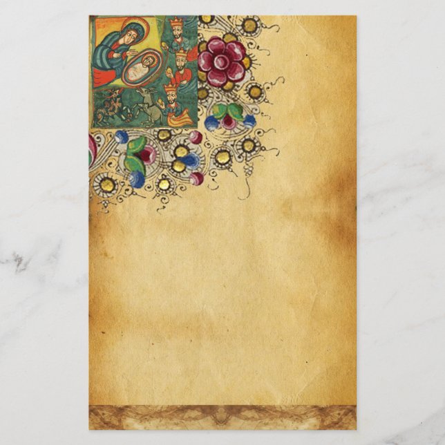 PAPETERIE PARCHEMENT FLORAL DE NOËL, ADORATION DE LA MAGI (Devant)