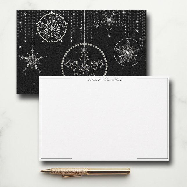 Papeterie Parties scintillant Snowflakes noir blanc élégant  (christmas thank you card couple stationery wedding holidays winter snowflakes rhinestones glitter)