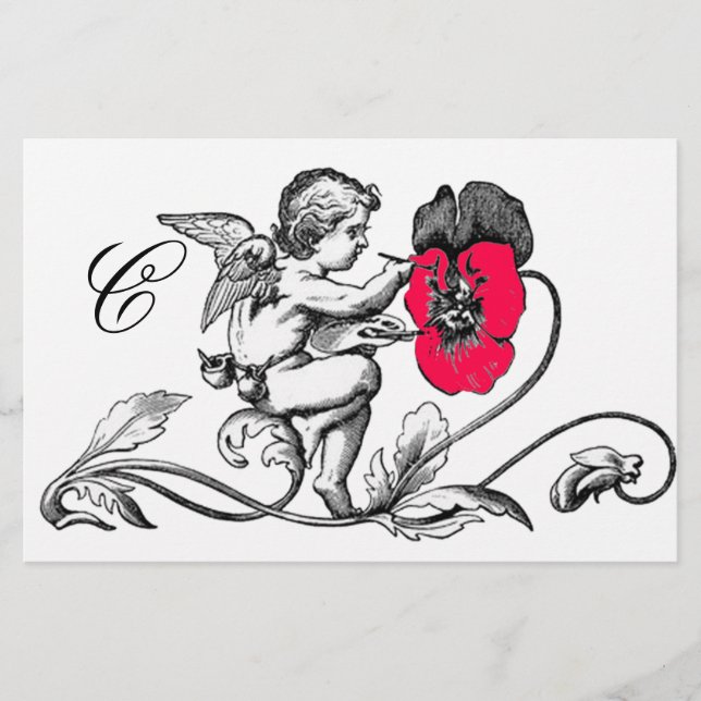 PAPETERIE PEINTURE D'ANGE FLEUR ROSE MONOGRAMME (Devant)