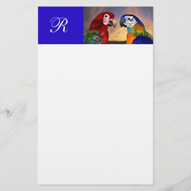 PAPETERIE PERROQUETS HYPER / ARA ROUGE ET BLEU  MONOGRAMME (Devant)