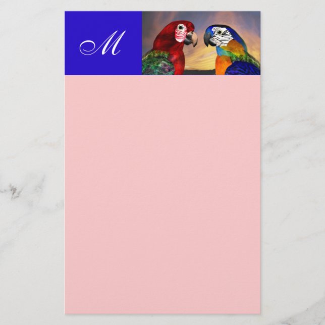 Papeterie PERROQUETS HYPER / ARA ROUGE ET BLEU  MONOGRAMME r (Devant)