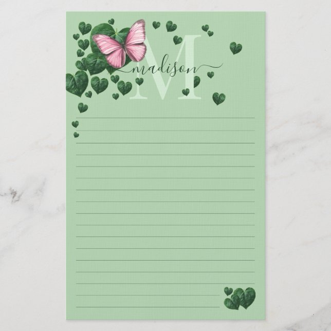 Papeterie Personalized Pink Butterfly with Heart Leaves (Devant)