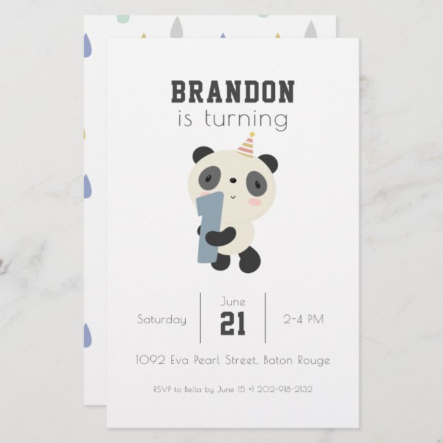 Papeterie Personnalisable Panda Premier Anniversaire Invitat (Devant / Derrière)