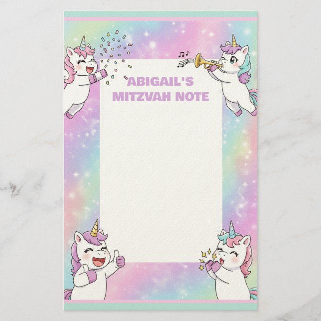 Papeterie Personnalisé Mitzvah Note Rose mignon Unicorne (Devant)
