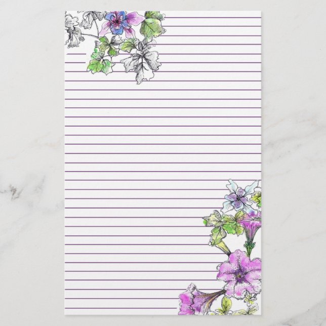 Papeterie Pétunia violet Aquarelle Fleurs Lilac Lined (Devant)