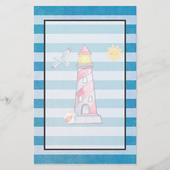 Papeterie Phare d'aquarelle rouge à rayures bleues (Devant)
