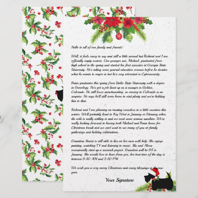 Papeterie Poinsettia Christmas Scottie Family Newsletter (Devant / Derrière)