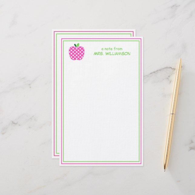 Papeterie Pomme de professeur à pois rose et vert (Devant/Arrière en situation)