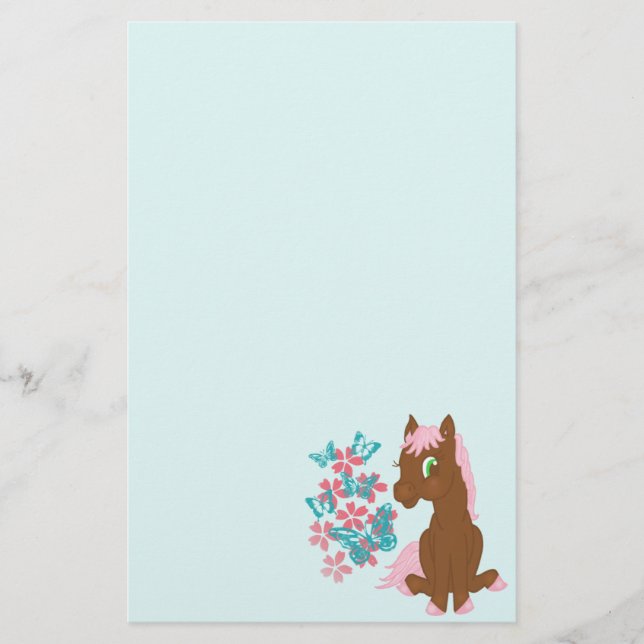 Papeterie Poney Brown avec des fleurs et des papillons (Devant)