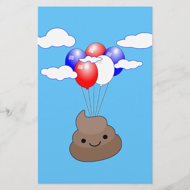 Papeterie Poo Emoji Voler Avec Des Ballons Dans Le Ciel Bleu (Devant)