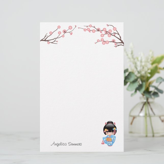 Papeterie Poupée Maiko Kokeshi - Blue Kimono Geisha Girl (Debout devant)