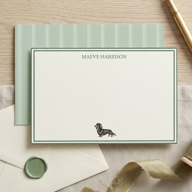 Papeterie Préparé Vert Sauge Rayé Teckel (Preppy Sage Green Stripe Dachshund Stationery)