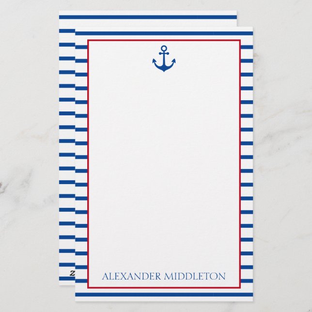Papeterie Preppy Nautical Stripes et Ancre Personnalisé (Devant / Derrière)