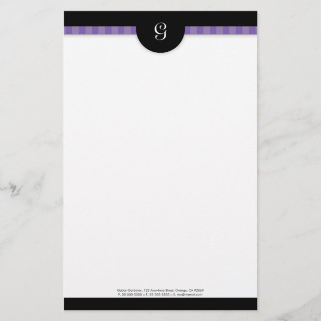 Papeterie Rayures violettes modernes et monogramme noir (Devant)