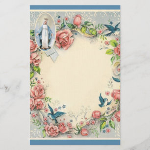 Papeterie Religieux Vierge Marie Roses Roses Roses Bleues Oi