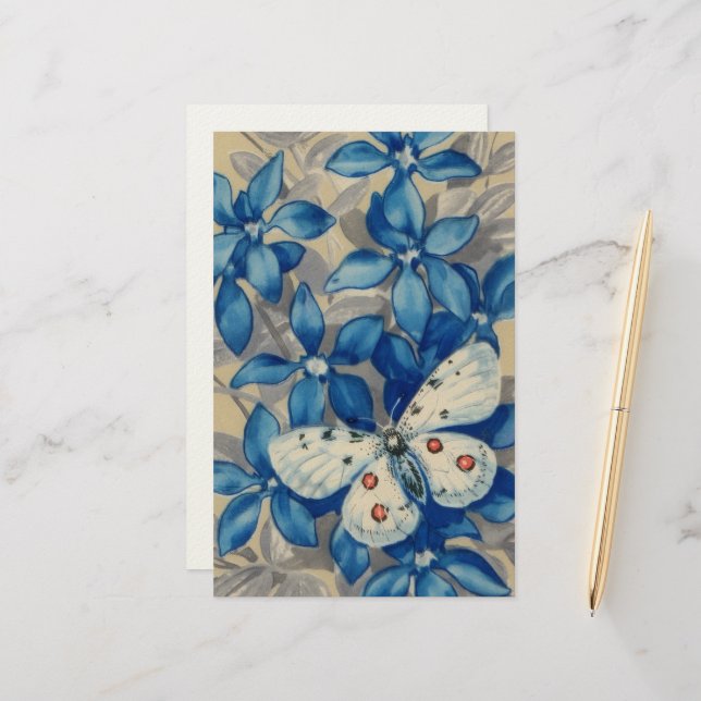 Papeterie rétro, papillon sur fleurs bleues arrière - plan (Devant/Arrière en situation)