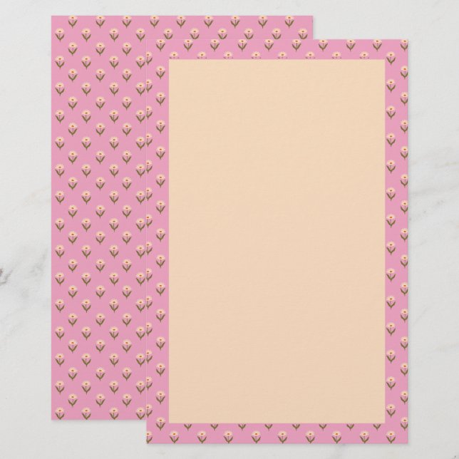 Papeterie Retro Spring Dessin à la Main Floral Rose et Crème (Devant / Derrière)