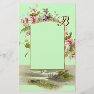 Papeterie ROMANTIQUE MONOGRAMME / CYCLAMENS,rose vert