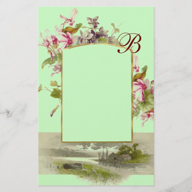Papeterie ROMANTIQUE MONOGRAMME / CYCLAMENS,rose vert (Devant)