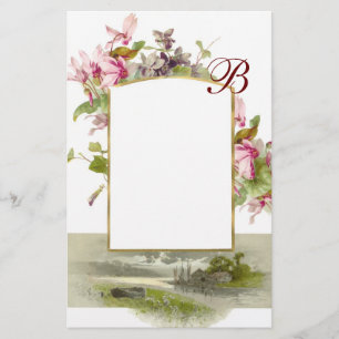 Papeterie ROMANTIQUE MONOGRAMME / CYCLAMENS, rose vert blanc