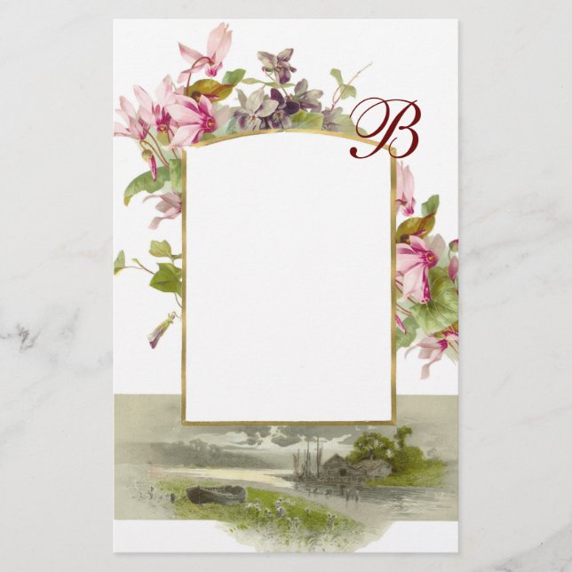 Papeterie ROMANTIQUE MONOGRAMME / CYCLAMENS, rose vert blanc (Devant)