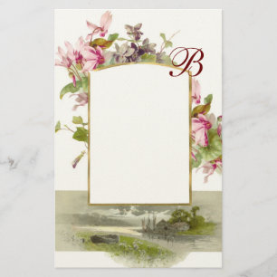 Papeterie ROMANTIQUE MONOGRAMME / CYCLAMENS, rose vert crème