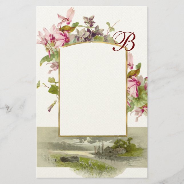 Papeterie ROMANTIQUE MONOGRAMME / CYCLAMENS, rose vert crème (Devant)