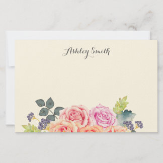 Papeterie Rose Aquarelle Florale Nom Personnalisé Élégant