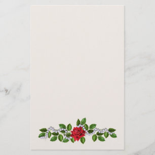 Papeterie Roses rouges, perles et papier à lettres feuille