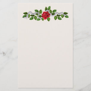 Papeterie Roses rouges, perles et papier à lettres feuille