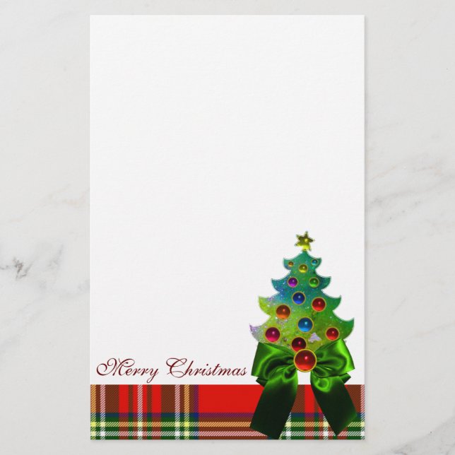PAPETERIE SCOTTISH TARTAN , GREEN BOW AND CHRISTMAS TREE (Devant)