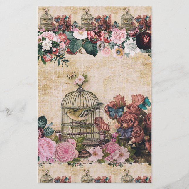 Papeterie Shabby chic, collage vintage, oiseaux, papillons,  (Devant)