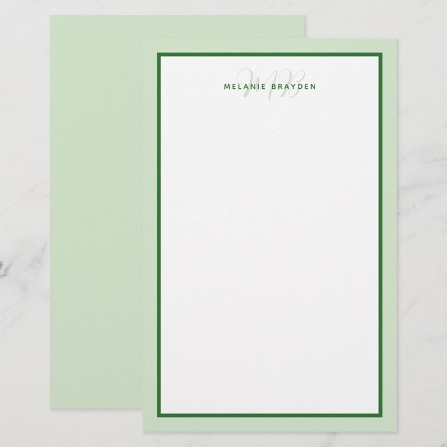 Papeterie Simple Moderne Monogramme Bordure Deux Tons Vert (Devant / Derrière)
