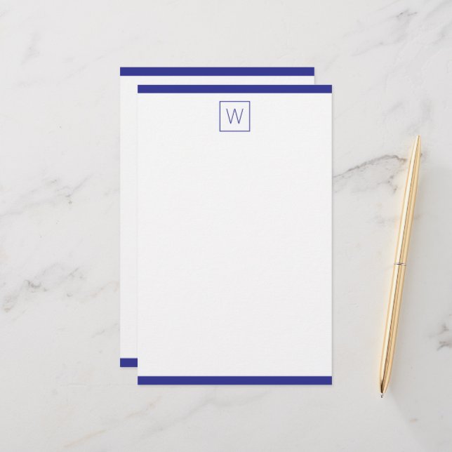 Papeterie Simple Monogramme Bleu Nuit et Blanc (Devant/Arrière en situation)