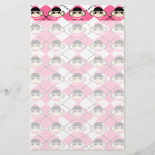Papeterie Singes roses sur Diamant Jacquard rose blanc